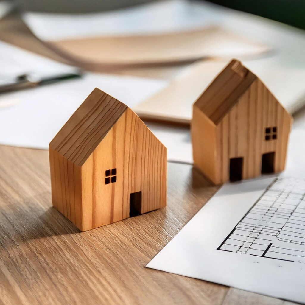 Holzhäuser auf dem Tisch mit Papieren, die ein architektonisches Konzept darstellen.