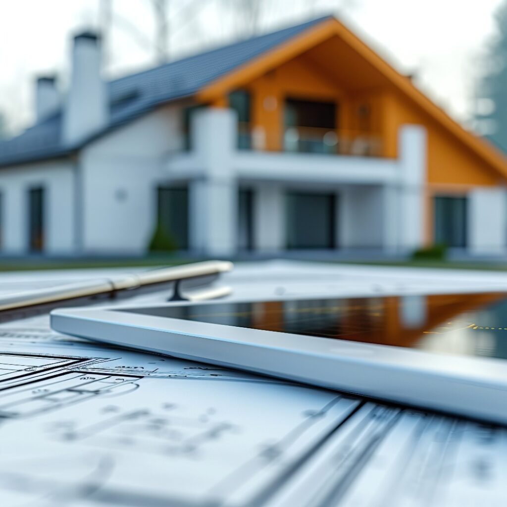 Vom Konzept zur Umsetzung Architektonische Entwürfe und ein Bleistift im Vordergrund mit einem neu errichteten Haus im Hintergrund