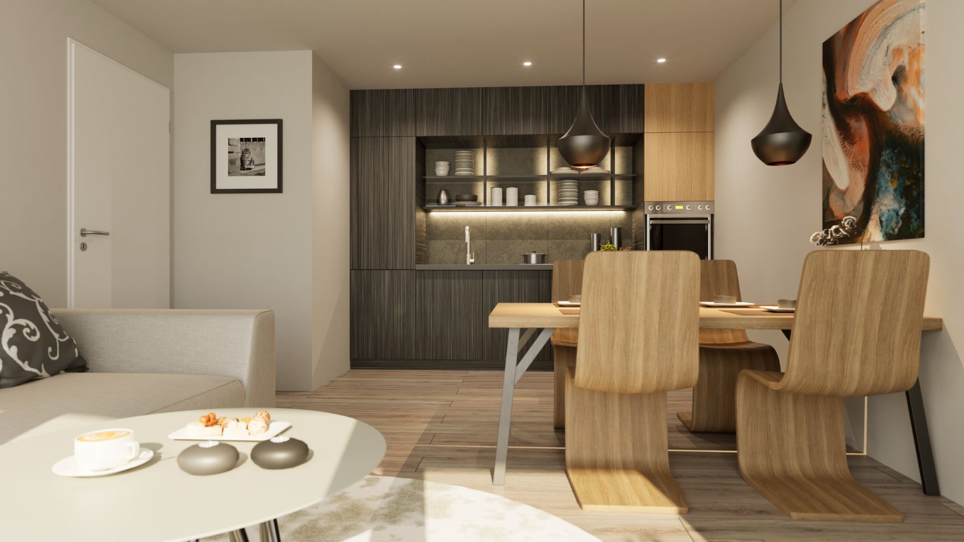 Moderne Küche und Essbereich in Holzoptik. Elegantes Dekor, gemütliches Ambiente, warme Beleuchtung.