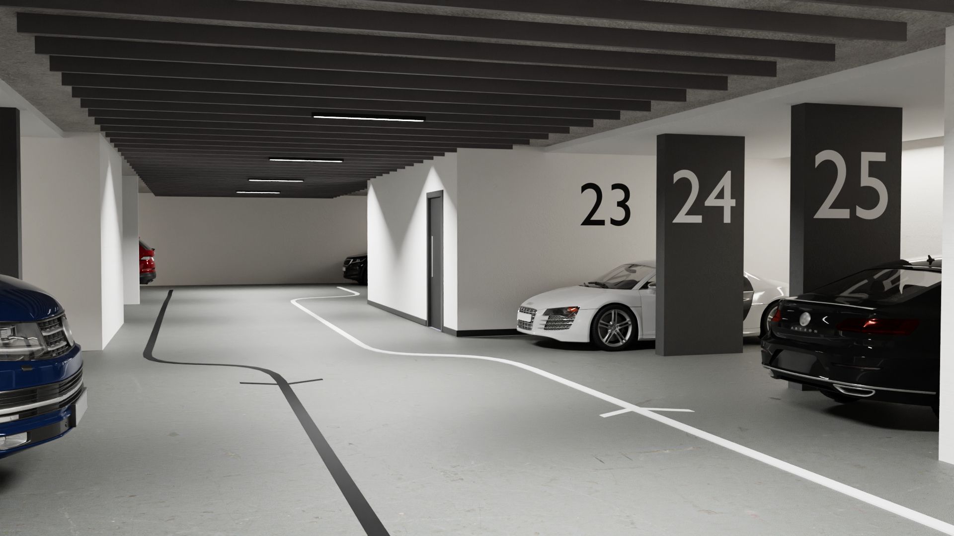 Parkhaus mit weißem und schwarzem Wagen, nummerierte Plätze, modernem Design, Grautöne.