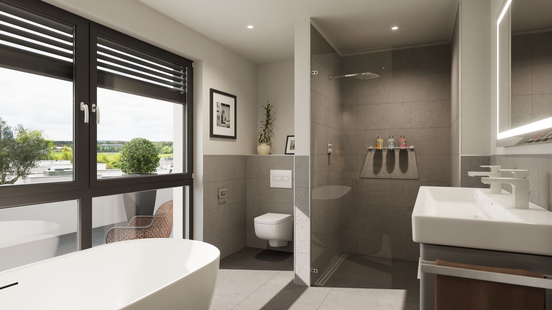 Modernes Badezimmer mit grauen Fliesen, Glasdusche, freistehender Badewanne und großem Fenster.