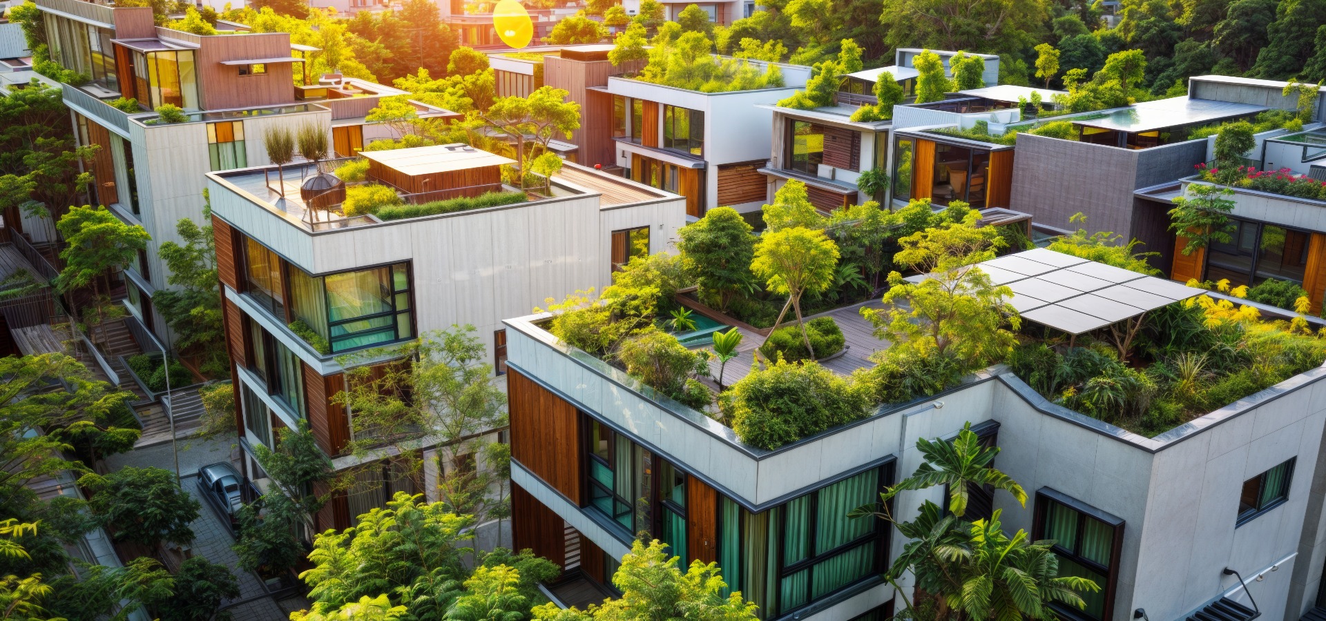Luftaufnahme eines umweltfreundlichen Wohngebiets, moderne Häuser mit Sonnenkollektorsystemen und Dachbegrünung verkörpern eine nachhaltige Stadtplanung.