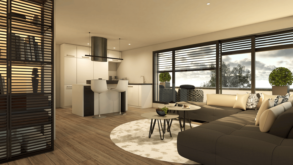 Modernes Wohnzimmer und Küche in neutralen Farben, große Fenster, gemütliches Ecksofa, stilvoll.